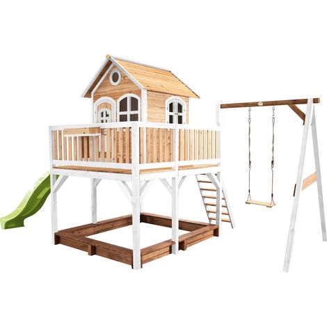 Axi Liam Maison Enfant Avec Bac À Sable, Balançoire & Toboggan Vert Clair  Aire De Jeux Pour L'Extérieur En Marron & Blanc  Maisonnette / Cabane De Jeu En Bois Fsc