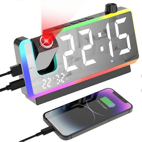 Réveil à projection pour chambre avec veilleuse RGB, grand écran LED 7 pouces, double alarme, affichage de la température et de l'humidité, fonction snooze. (1/5)