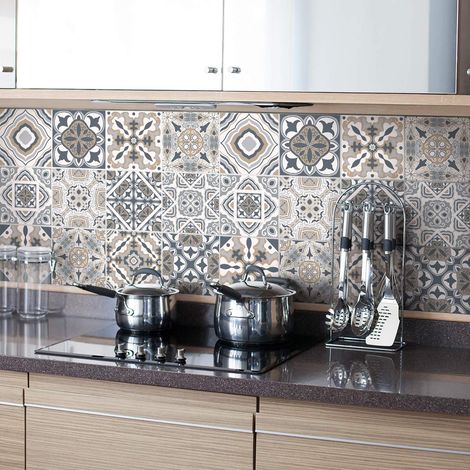 Stickers adhésifs carrelages Sticker Autocollant Carreaux de ciment Mosaïque carrelage mural salle de bain et cuisine Carreaux de ciment adhésif mural azulejos 10 x 10 cm 24 pièces (1/5)