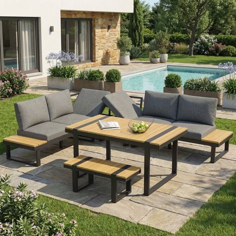 REDOM Salon de jardin d'angle 6 places avec table et banc, dossier inclinable, acier et polyester noir et gris (1/5)