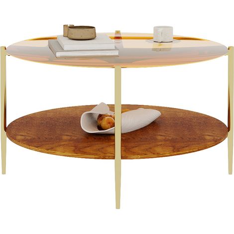 GagaTable basse ronde moderne minimaliste, plateau en verre doré et étagère inférieure en bois (1/5)