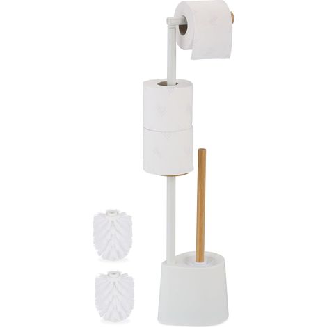Serviteur WC, Bambou, Acier Inoxydable, Support à Poser, Brosse et Porte-Brosse, Blanc (1/5)