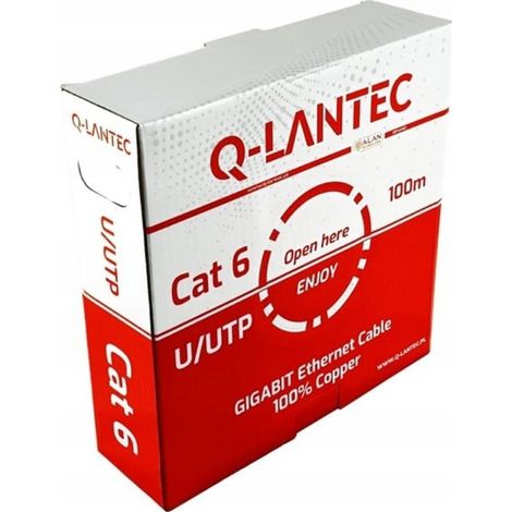 Cable de red Q-LANTEC U/UTP categoría 6, par trenzado, PVC, Eca 4PR, 1 Gb/s (10 Gb/s hasta 55 m), gris, 100 m