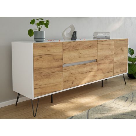 Sideboard Yako 180cm 2 SoftClose 3 Türen Weiß/Eiche Front