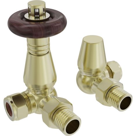 NRG Traditional Antique Design Brushed Brass TRV & Lockshield Corner Radiator Valves 1/2"x15mm Set (1/3)
