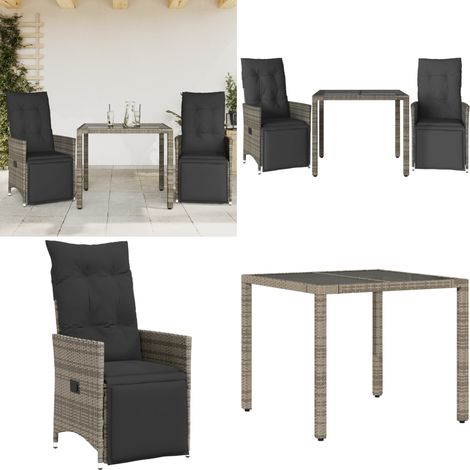 3-tlg. Garten-Bistro-Set mit Kissen Grau Poly Rattan - Gartenmöbel - Bistroset - Lounge Sessel - Outdoor Möbel - Rattan Gartenmöbel - Home & Living (1/5)