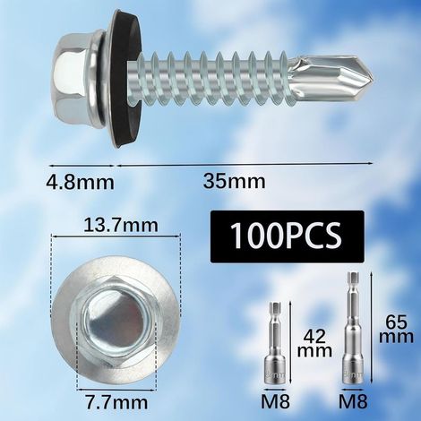 Packung mit 100 selbstschneidenden Schrauben, 4,8 x 35 mm, mit Dichtscheibe und 2 M8-Bits, verzinkt (1/5)