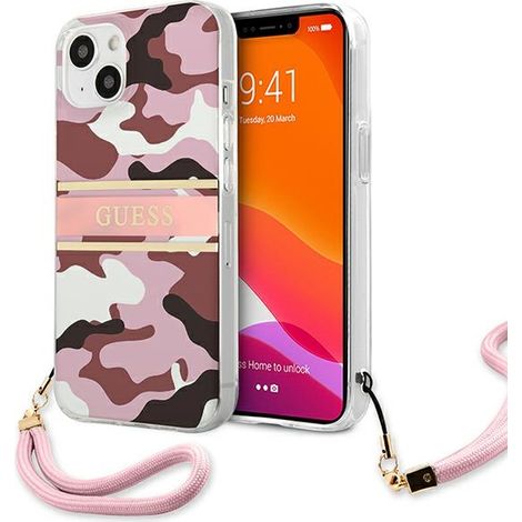 Funda rígida rosa Guess GUHCP13SKCABPI para iPhone 13 mini de 5,4 pulgadas, colección Camo Strap (1/5)