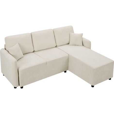 Sofá de Esquina 3 Plazas en Chenilla, con Chaise Longue, 2 Cojines, Espuma de Alta Densidad, Beige Claro (1/5)