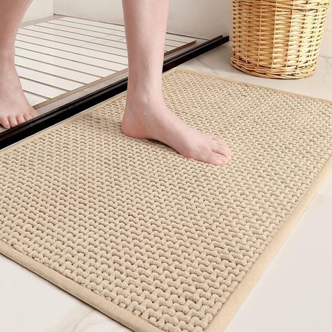 Verbesserte Chenille-Badematte, Farbe G – Dünne Badematte – Saugfähig, flach, rutschfest, weich, maschinenwaschbar, schnelltrocknend, 40,6 x 61 cm – Kleine beige Badematte (1/5)