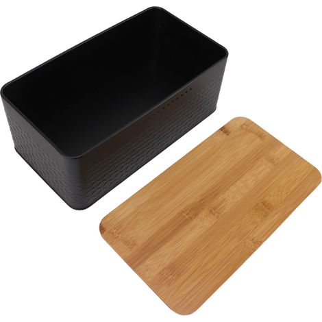 Boîte à pain rectangulaire avec couvercle en bambou, grille, trous d'aération, grande capacité, pour plan de travail, noire (1/5)