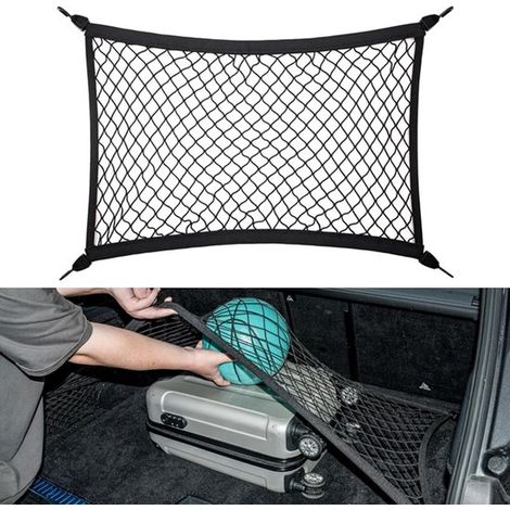 Filet à bagages avec support - Filet à bagages - Filet à bagages pour voiture - Filet de rangement pour coffre - Filet de rangement flexible - Filet de rangement avec crochets - 80 x 60 cm - Noir - Ny (1/5)