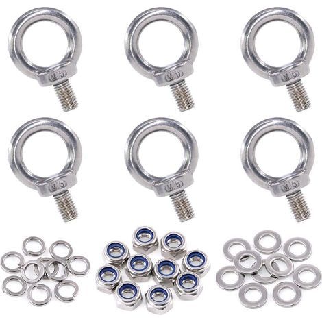 Lot de 36 boulons à œil M6 en acier inoxydable 304 avec filetage mâle M6, comprenant 6 boulons à œil M6 avec 10 écrous de verrouillage, 10 rondelles de verrouillage et 10 rondelles plates (1/4)
