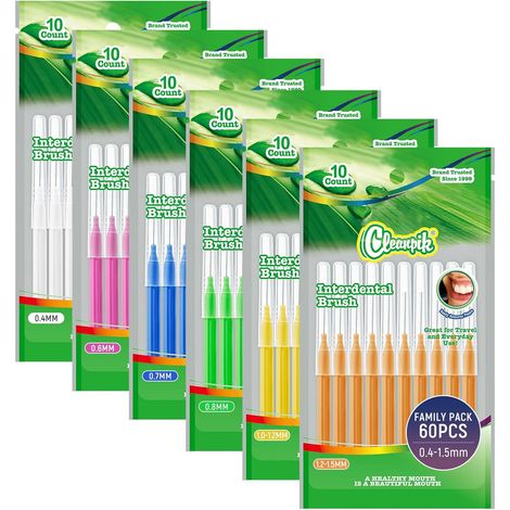 Brossettes Interdentaire - Différentes Tailles 0,4/0,6/0,7/0,8/1,0-1,2/1,2-1,5mm - Nettoyage Facile des Espaces Interdentaires - 60 Brossette Dentaire à Usage Familial (1/5)