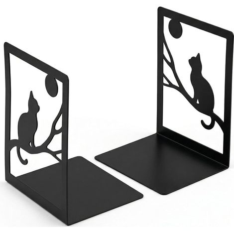 Mignon Chat Supports de Livre, Serre Livre Métal Antidérapant avec Pieds Antidérapants, 1 Paires Organisateur de Livres pour Bureau Maison École Bibliothèque, 17 x 12 x 10 cm, Noir (1/5)