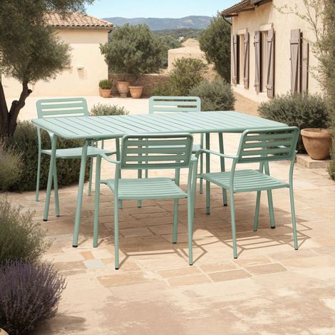Table de jardin + 4 fauteuils empilables en métal vert - BACA