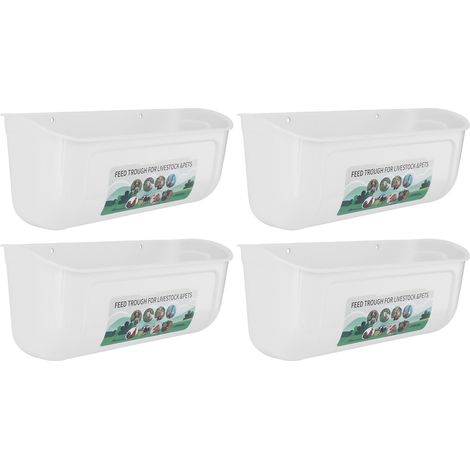 Lot de 4 mangeoires géantes avec clips de fixation pour clôture, idéales pour nourrir les poules, les chèvres, les canards et les oies. Abreuvoir/seau blanc. (1/5)