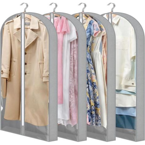 Lntyq Lot de 4 sacs à vêtements - 130 x 60 cm - Avec soufflets latéraux de 10 cm - Housse de protection transparente avec fermeture éclair - Pour costume, chemise, robe, manteau