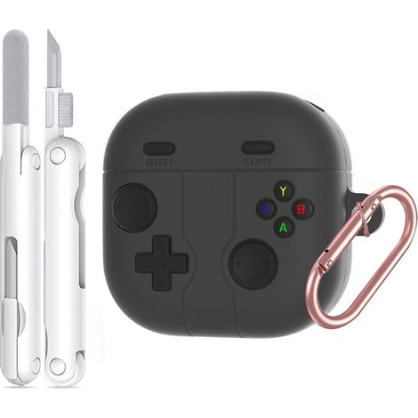 Custodia retro gamepad per Samsung Galaxy Buds4 / Buds4 Pro con moschettone e kit di pulizia, grigio scuro (1/5)