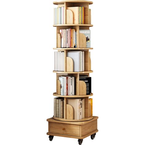 Librería giratoria 360° con ruedas y cajón, MDF color madera, 173 x 46 x 46 cm (1/5)