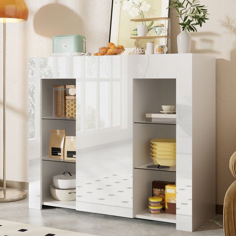 Buffet Blanc Brillant Moderne – Meuble de Rangement Élégant et Compact, Étagères Vitrées et Porte d'Armoire, pour Salon, Cuisine, Salle à Manger – 95x35x83 cm
