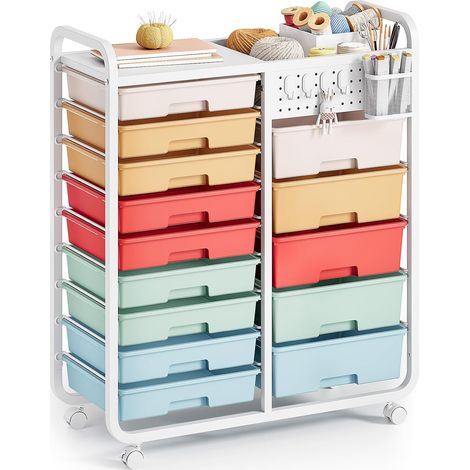 Chariot de rangement à 14 tiroirs avec planche perforée, Couleur Chariot à roulettes avec espace de rangement polyvalent, chariot de rangement avec roues et poignées pour atelier, bureau (1/5)