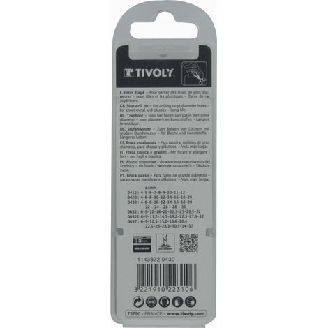 Tivoly • Punta conica a gradini HSS autocentrante • Scanalature elicoidali • Da Ø4mm a Ø20mm • Lunga durata • 3 codoli piatti • Per la lavorazione di acciai resistenti