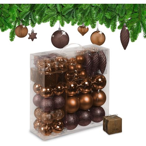 Relaxdays Set da 110 Palline di Natale, Addobbi Natalizi, Palle Opache, Lucide, Glitter, Plastica, Decorazioni, Marrone (1/5)