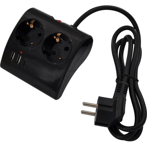 Ewent Multipresa da scrivania/tavolo con 2 Prese Schuko e 2 porte USB-A e 1 porta USB-C, Interruttore ON/OFF, 3680W, Protezione da Sovraccarico, Spina Schuko 16A e cavo da 1.5mt, Nera (1/4)