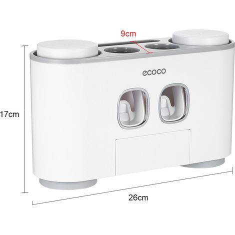 Ecoco – porte-brosse à dents mural avec 2 distributeurs de dentifrice, 4 tasses et 5 emplacements, support de rangement pour articles de toilette (1/5)