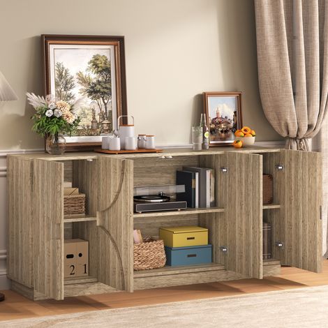 Buffet et Enfilade avec 4 Portes, 6 Niches et Étagères Réglables, Motif Arche, Style Scandinave, en Panneaux, Naturel, 160×40×80 cm (1/5)