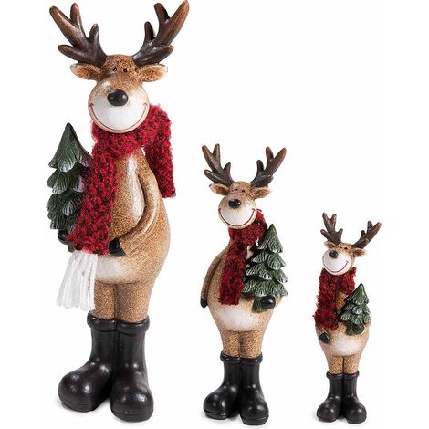 Renne di Natale realizzate in renne resina colorata con sciarpa e albero, Grande: cm 9,5 x 9 x 29,5 H