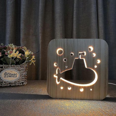 Veilleuse ampoule pour sous-marin, lampe 3D en bois, luminaires créatifs en bois, lampe décorative simple, veilleuse LED à motif sculpté en bois 3D pour bureau (1/5)