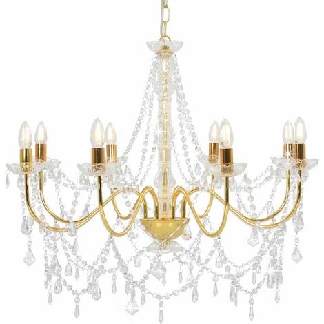 281607 vidaXL Chandelier with Beads Golden 8 x E14 Bulbs (1/5)