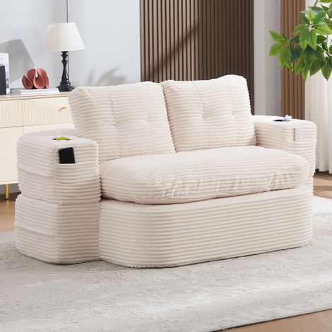 Sofà letto 2 in 1 in corda beige OKWISH con braccioli regolabili e portabicchieri (1/5)