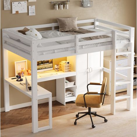 Letto a soppalco 90/200 cm bianco con scrivania, armadio, LED e USB (1/5)