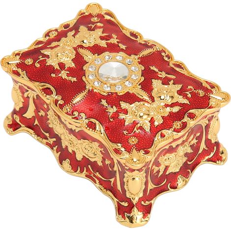 Boîte à bijoux vintage, mini boîte à bijoux ancienne de style européen, en métal émaillé, pour ranger bagues, colliers et boucles d'oreilles, coloris or et rouge.