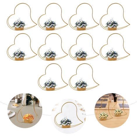 Lot de 10 présentoirs à fleurs en métal doré forme cœur, support pour arrangements floraux, décoration pour centre de table, mariage, fête, cérémonie et événement, 36 cm (1/5)