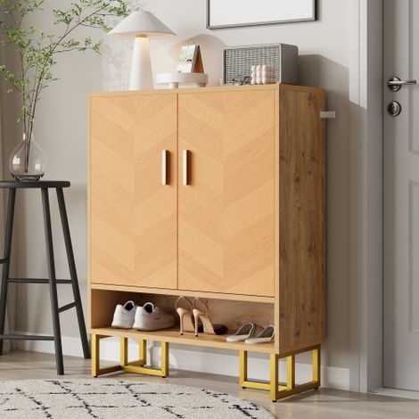 Meuble à chaussures moderne 80x38x100 cm - 2 portes et 1 étagère ouverte - Finition bois - Structure en fer doré - MDF - Naturel