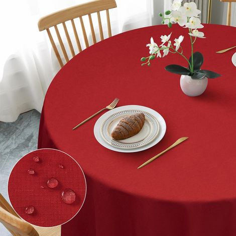 Tischdecke rund Ø100cm, rot, Leinen-Optik, abwaschbar, wasserabweisend