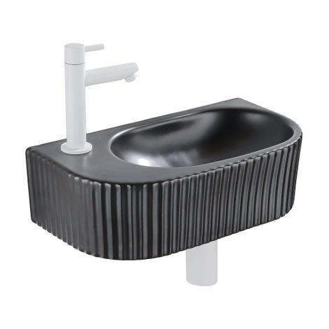 QeramiQ Fuente Ensemble de Lavabo - 40x21.5x12cm - gauche - strié - demi-rond - 1 trou de robinet - céramique - ensemble de robinet blanc mat - (1/5)