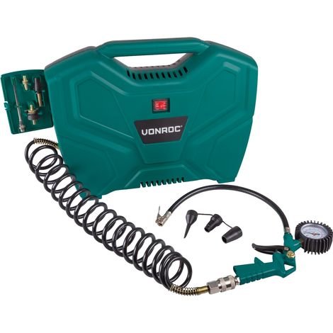 Vonroc – Compresseur à air portable 1100W – Débit d'air 180L/m – Pression 8 bar – Sans huile – 11 accessoires inclus – Compact et léger (1/5)