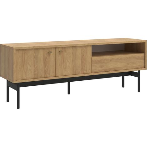 Meuble TV Debout sur Pieds Armoire De Télévision avec Tiroir Étagère Deux Portes 154 cm Noyer Naturel (1/5)