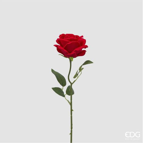 EDG Enzo De Gasperi Rosa Velvet su Ramo con Foglie H50 cm Rossa – Fiore Decorativo (1/4)