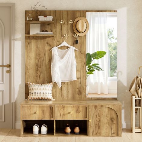Ensemble de vestiaire pour entrée – Meuble mural avec tiroir, compartiment fermé et étagère suspendue – Porte-manteaux 5 crochets, miroir et banc à chaussures – 120x35x159 cm – Naturel (1/5)
