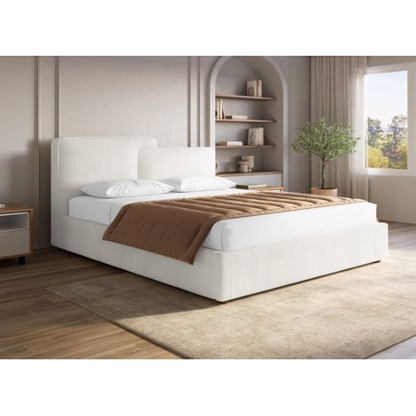 Deco In Paris – Lit coffre en velours côtelé écru 160x200 cm – Tête de lit asymétrique – Rangement sous sommier – Design moderne et élégant