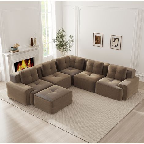 Divano modulare con ottomana, velluto a coste marrone, 295 x 295 x 69 cm, senza montaggio HAVRYA (1/5)