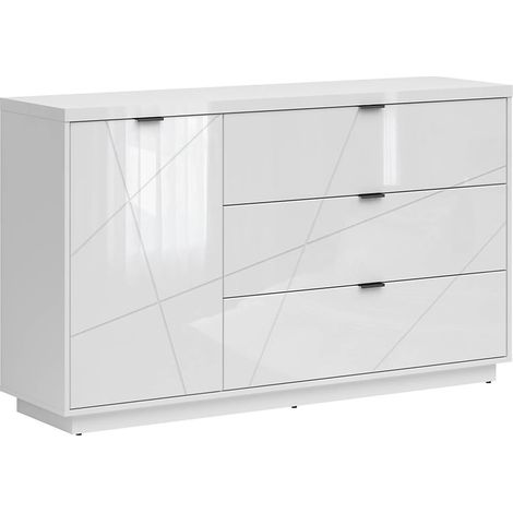 Commode Buffet avec 1 porte et 3 tiroirs, coloris Blanc brillant/Blanc haute brillance - Longueur 156 x Profondeur 42,5 x Hauteur 93 cm (1/5)