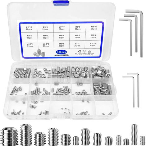 Vis M3 304 Stainless Steel, M2 M4 M6 à Tête Hexagonale Poignée de Porte, 300 Pièces Allen Sans a Tete pour Fixation Clenche de Porte, Hexagonals Vis-Pointeau Poignées (1/5)