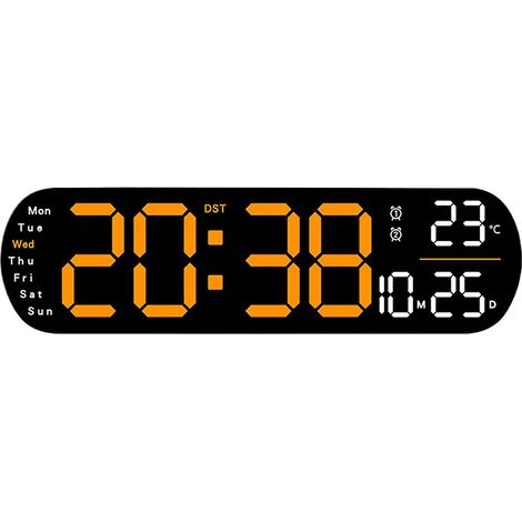 Horloge multifonctionnelle avec grand écran LED affichant la température, l'heure, la date et le jour de la semaine minuteur de salon couleur orange. (1/5)